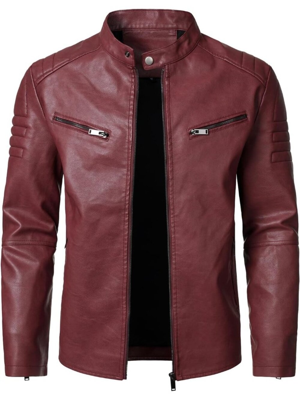 Men Red Leather Standup Collar Long Sleeve Cold Zip-up Pocket Weather Jacket